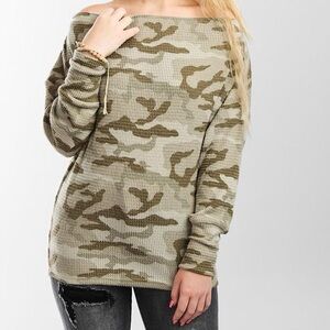BKE off the shoulder Camo knit Top